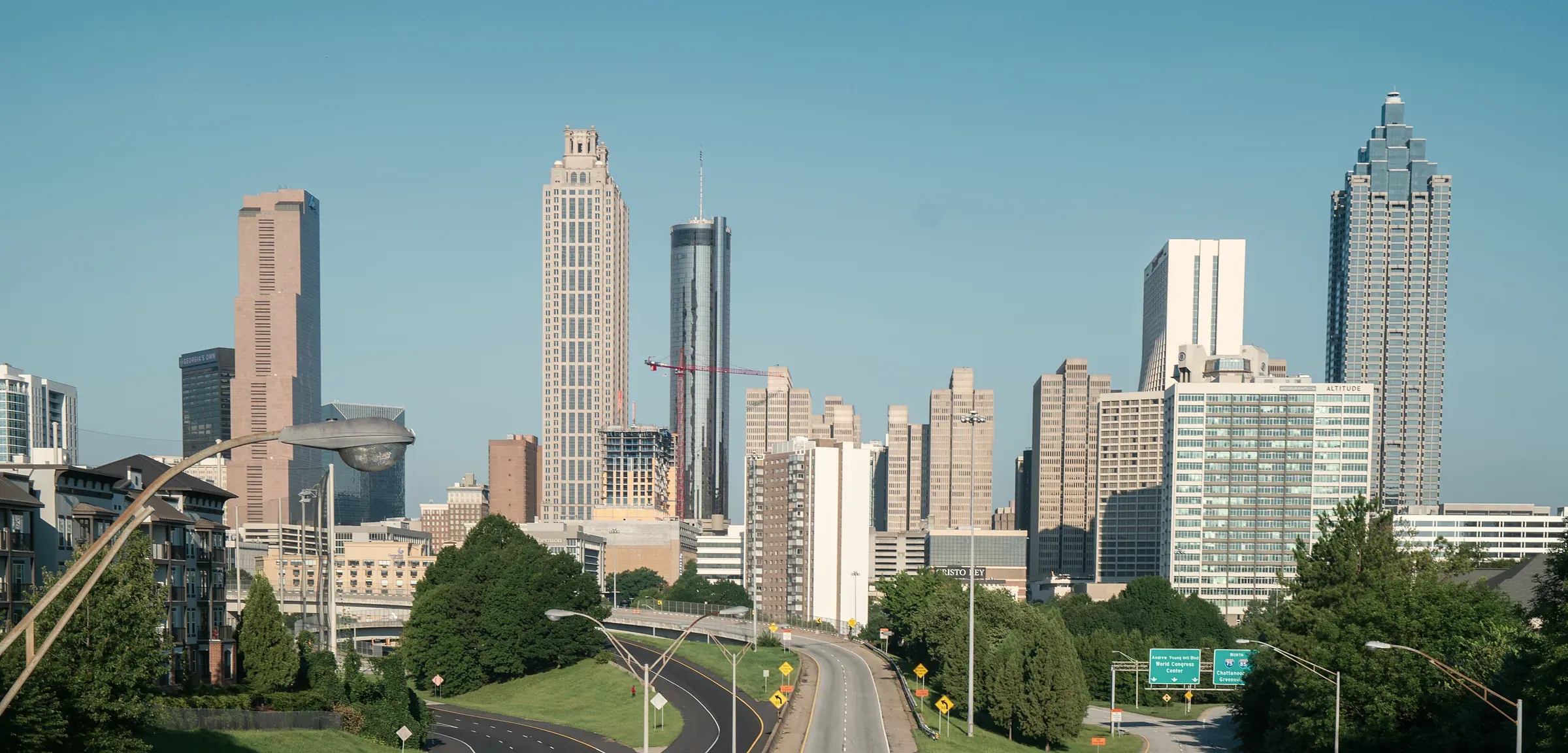 Downtown Atlanta from the Jackson Street Bridge. The downtown Atlanta skyline seen from the Jackson Street Bridge