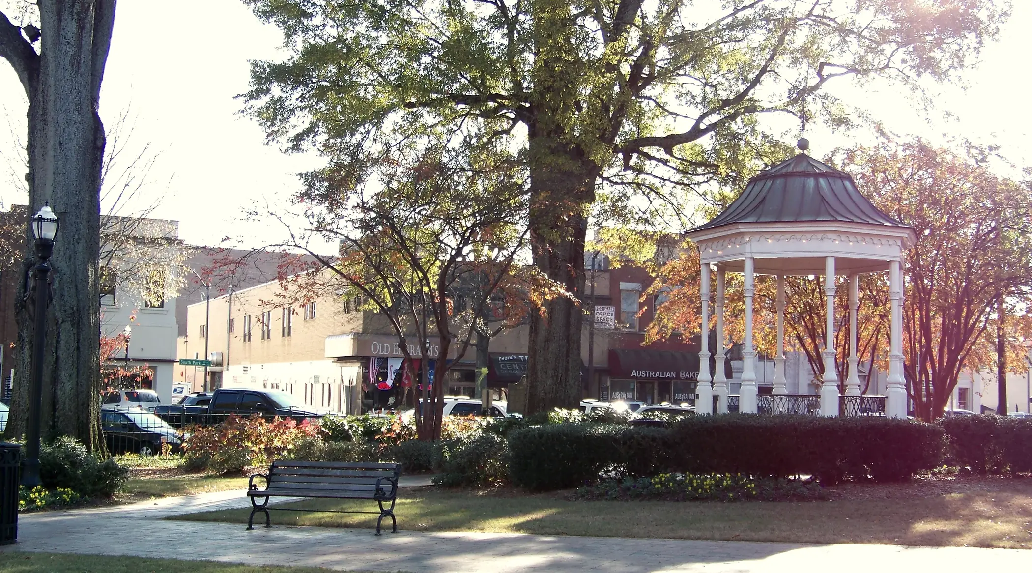 Glover Park, Marietta Square. The gazebo in Glover Park on Marietta Square in autumn light